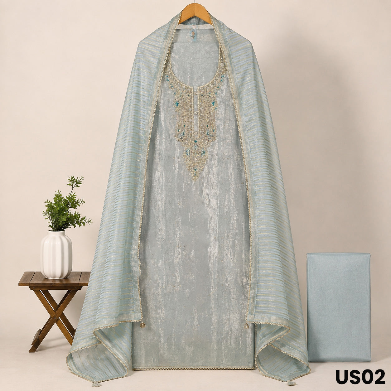 Powder Blue Tissue Silk Suit Set - US02
