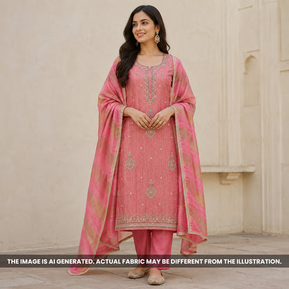 Pink Embroidered Tissue Silk Suit Set - US04