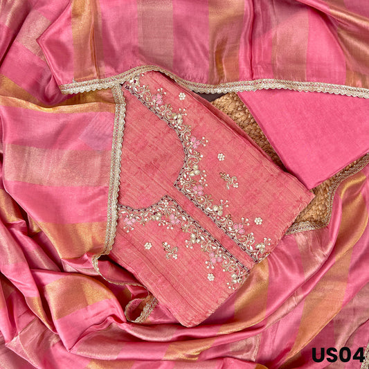 Pink Embroidered Tissue Silk Suit Set - US04