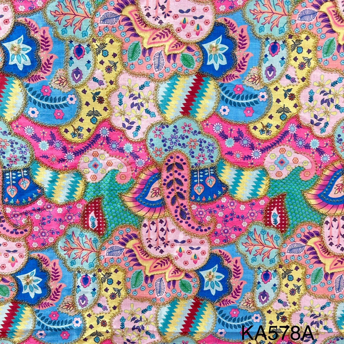 Postional Print Zari Embroidered Dupion Silk Fabric-KA578