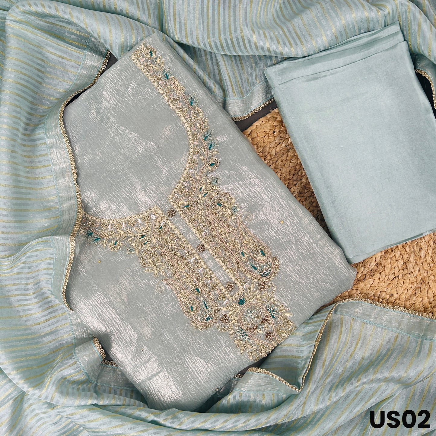 Powder Blue Tissue Silk Suit Set - US02