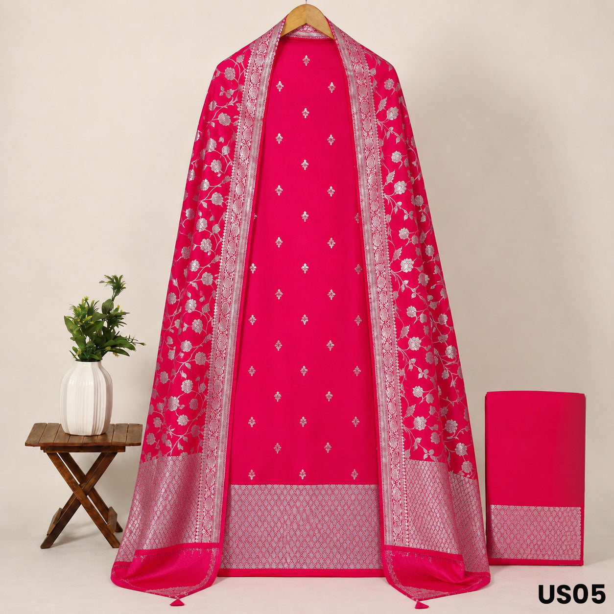 Reddish Pink Banarasi Brocade Silk Suit Set - US05