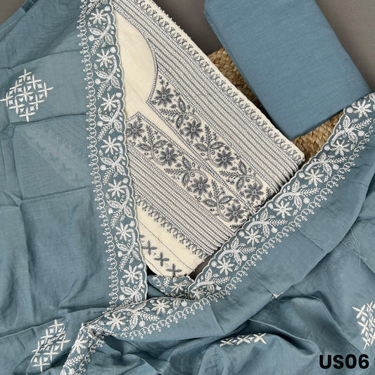 Off White Embroidered Mul Cotton Suit Set - US06