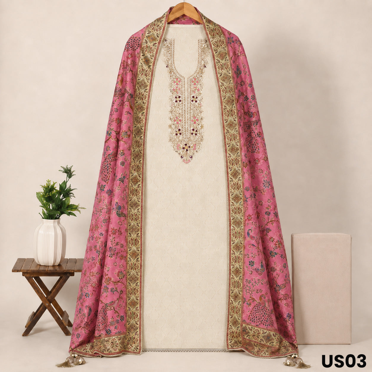 Ivory Embroidered Tissue Silk Suit Set - US03