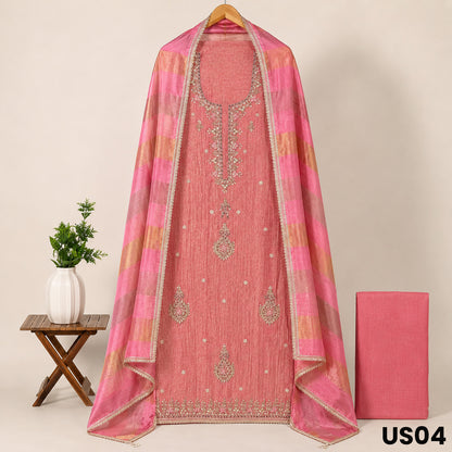 Pink Embroidered Tissue Silk Suit Set - US04