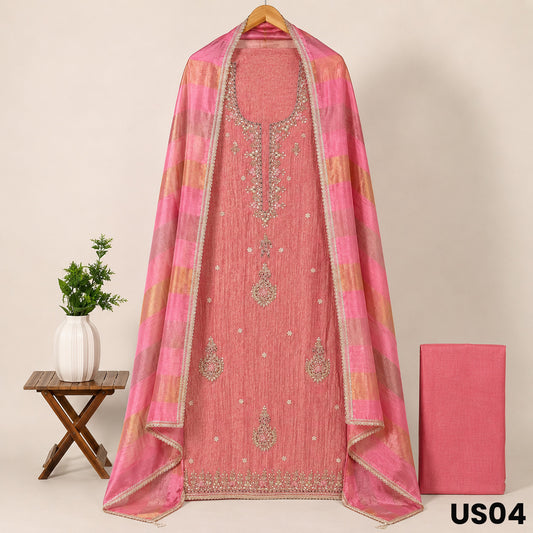 Pink Embroidered Tissue Silk Suit Set - US04