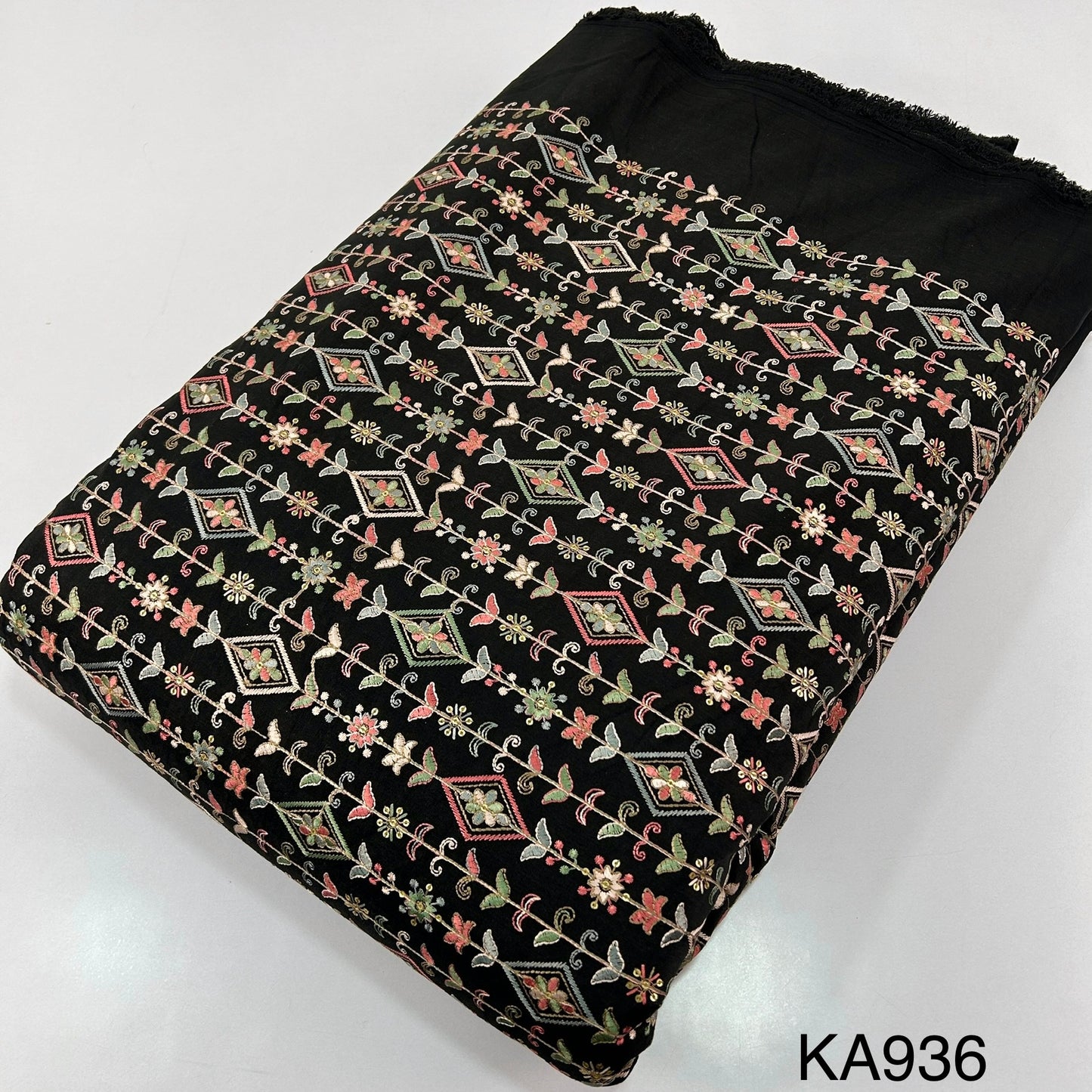 Thread Embroidered Sequins Cotton Silk Fabric KA936
