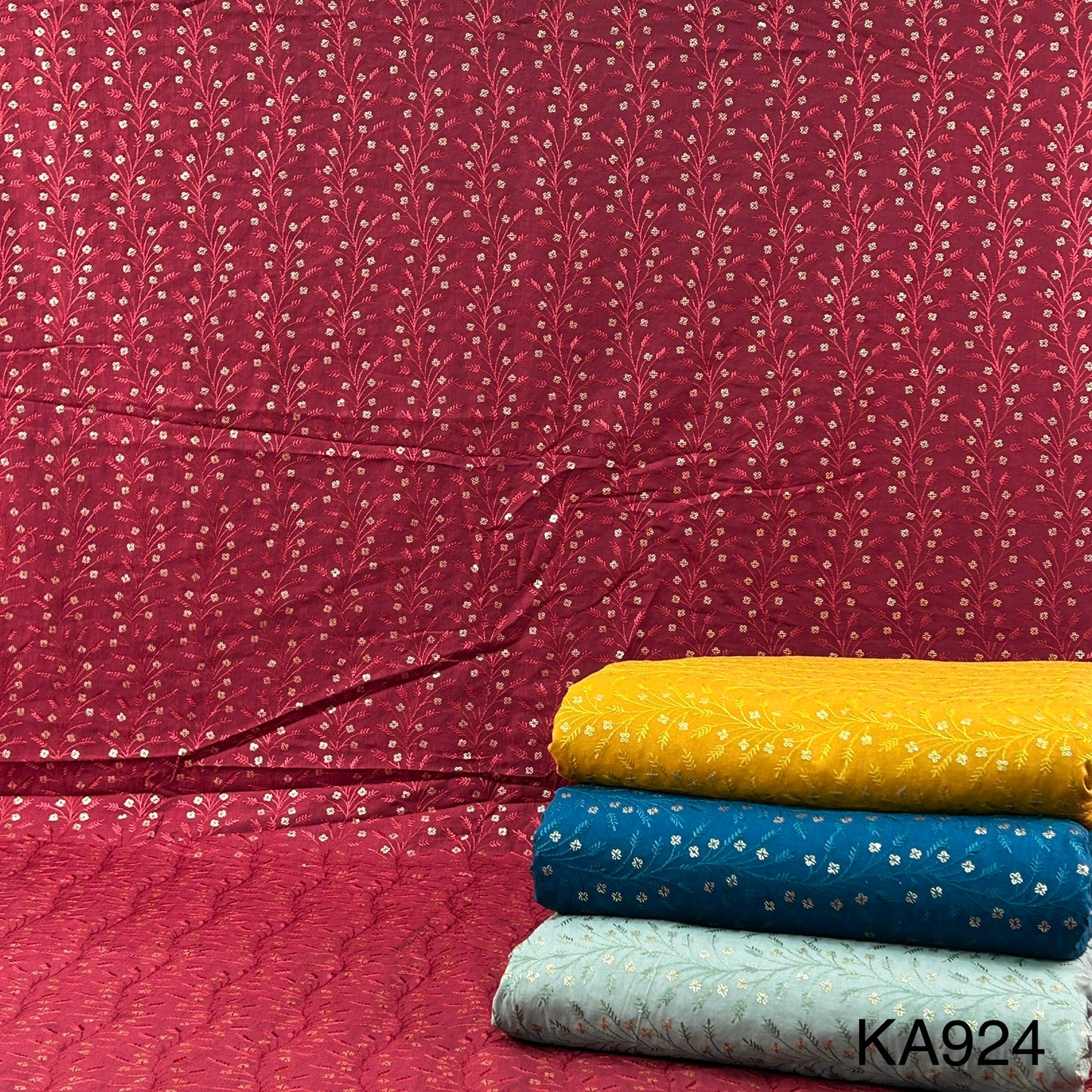Thread Embroidered Sequins Cotton Silk Fabric KA924