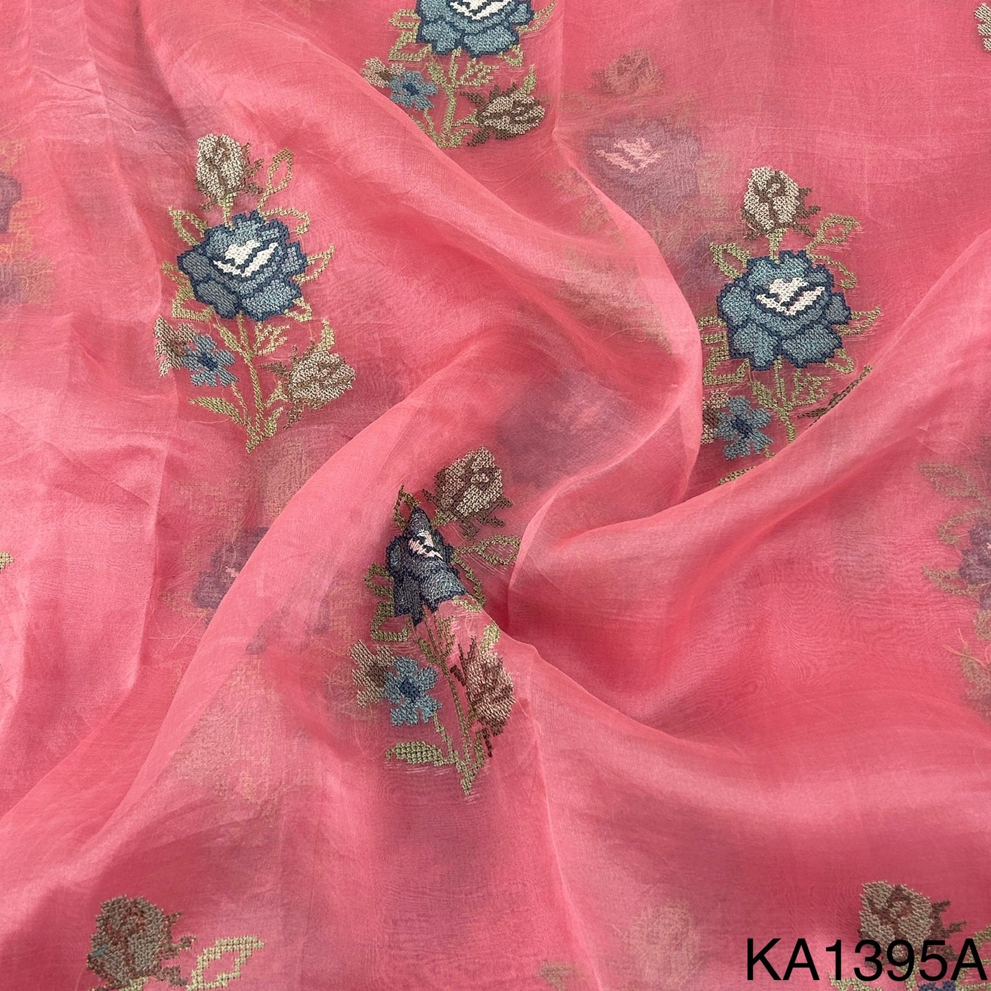 Thread Embroidered Pure Silk Organza Fabric-KA1950