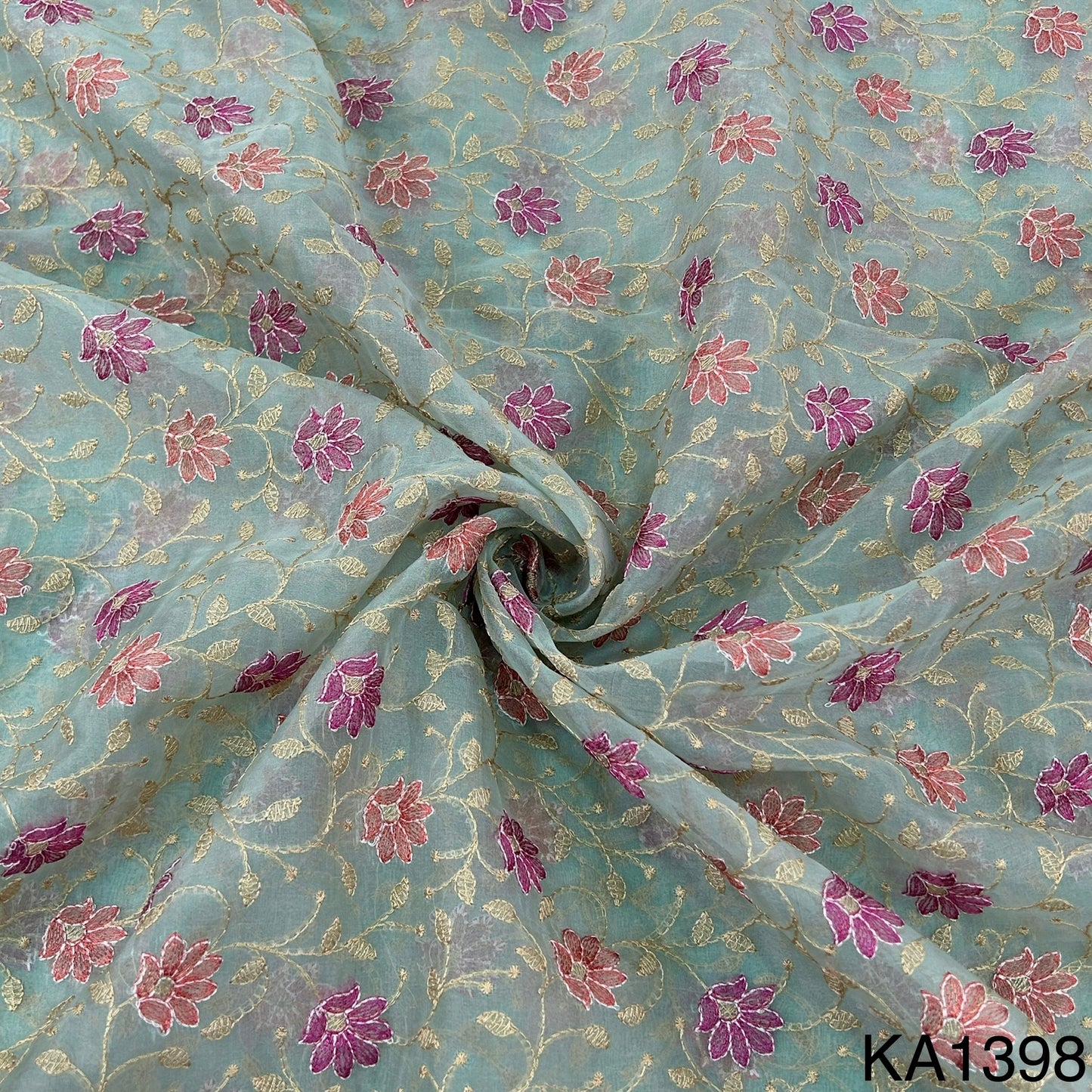 Thread Embroidered Pure Silk Organza Fabric-KA1398
