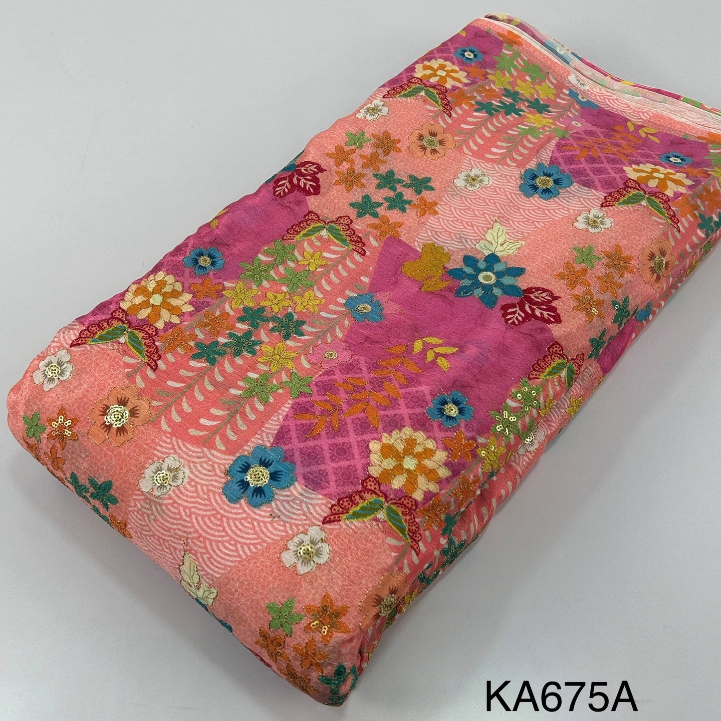 Position Print Zari Sequins Chinon Fabric-KA675