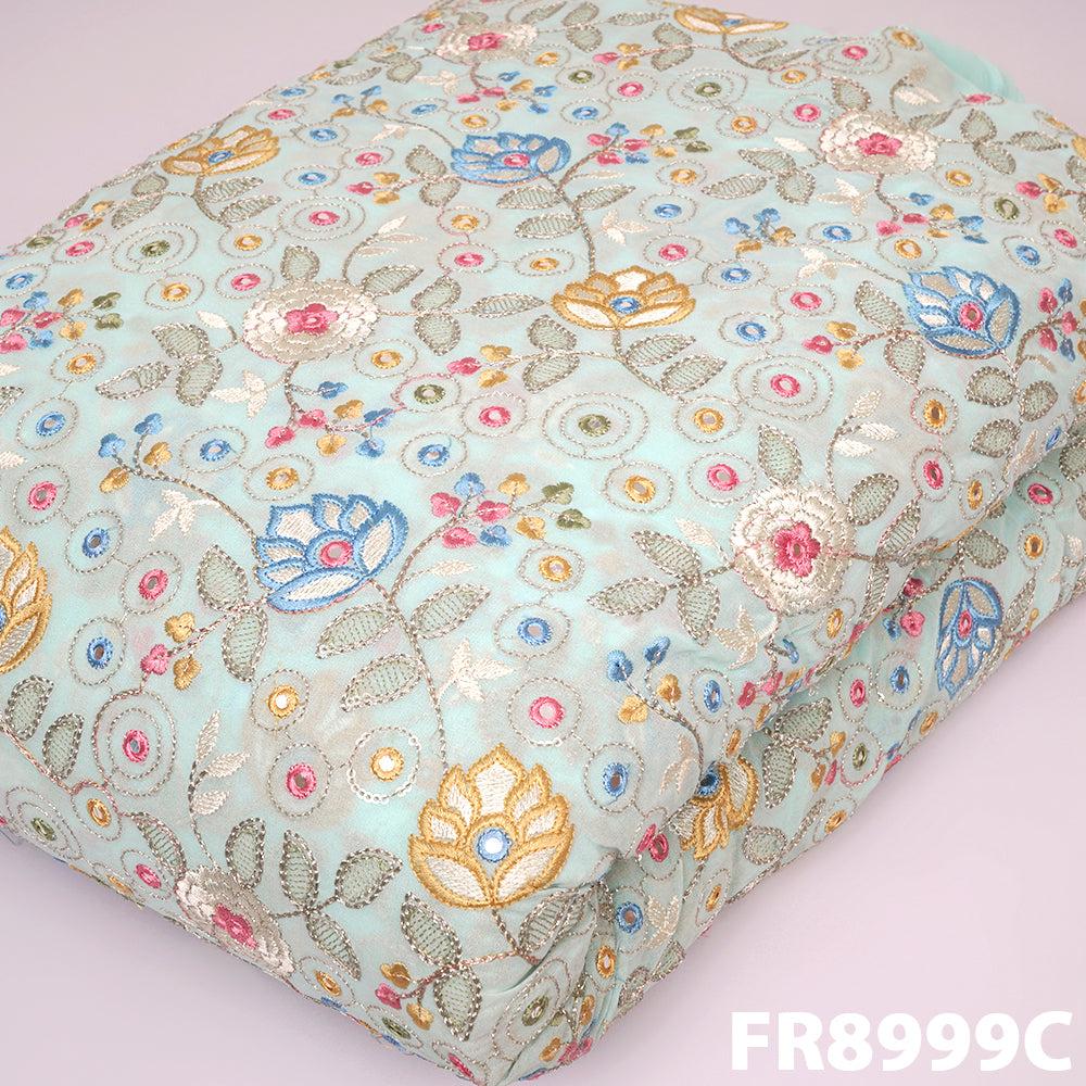 Embroidered Zari Sequins Faux Mirror Georgette Fabric-FR8999