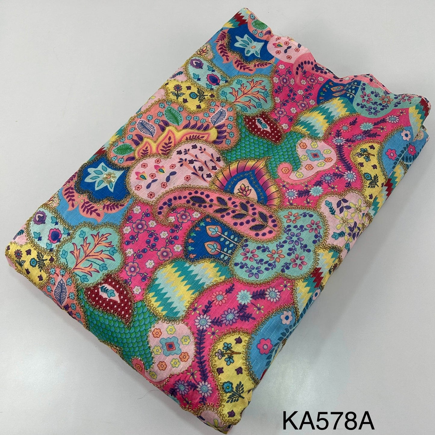 Postional Print Zari Embroidered Dupion Silk Fabric-KA578