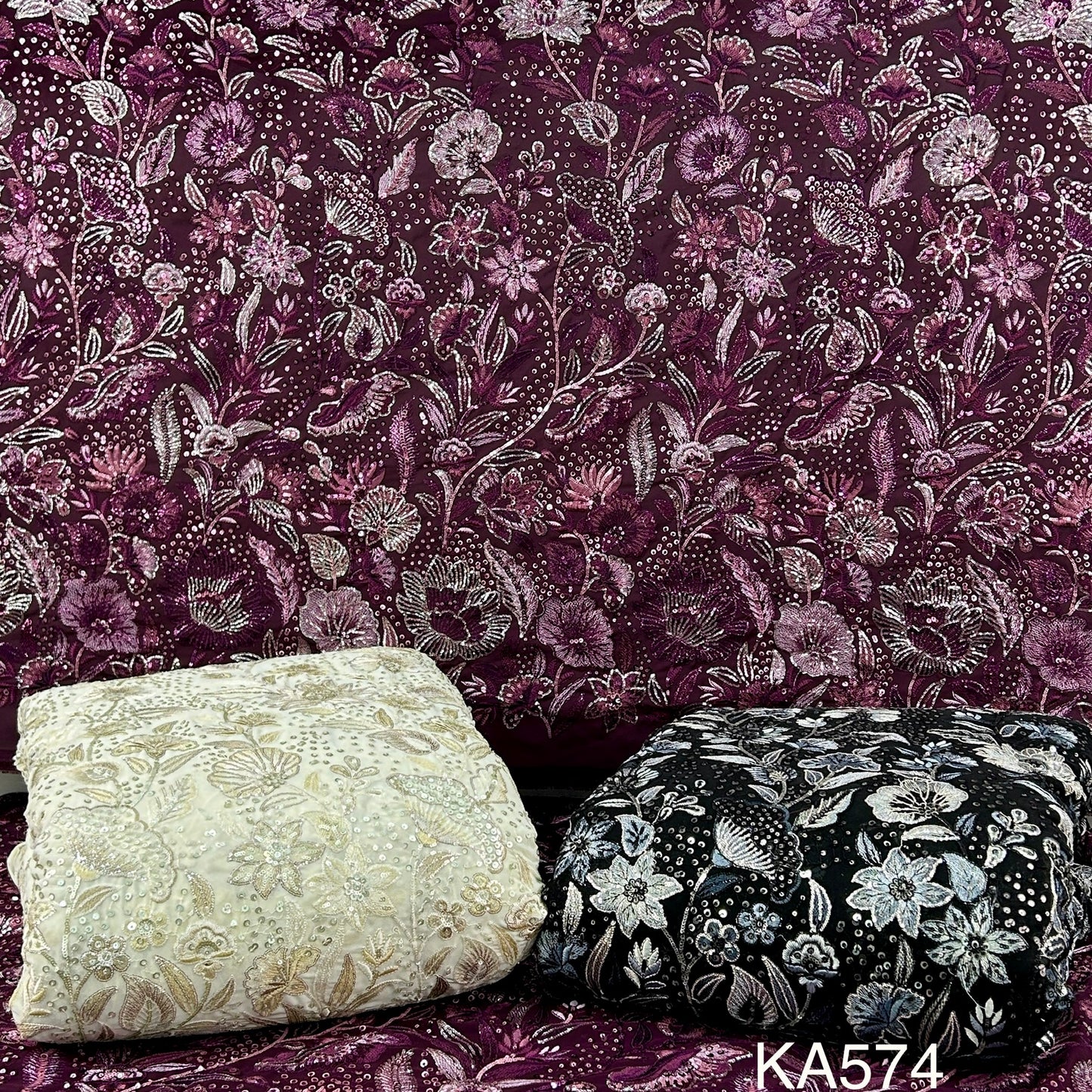 Thread Embroidered Sequins Georgette Fabric-KA574