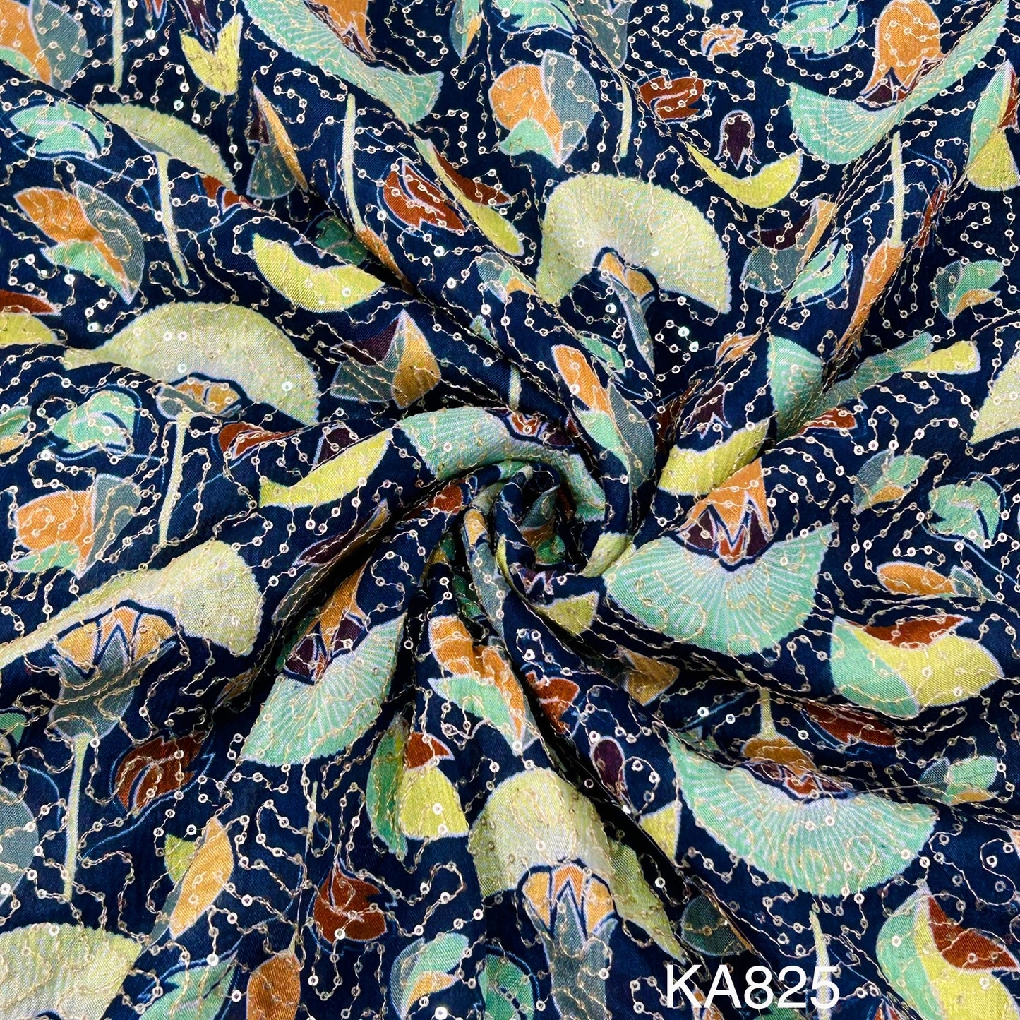 Embroidered Sequins Printed Chinnon Chiffon Fabric-KA825