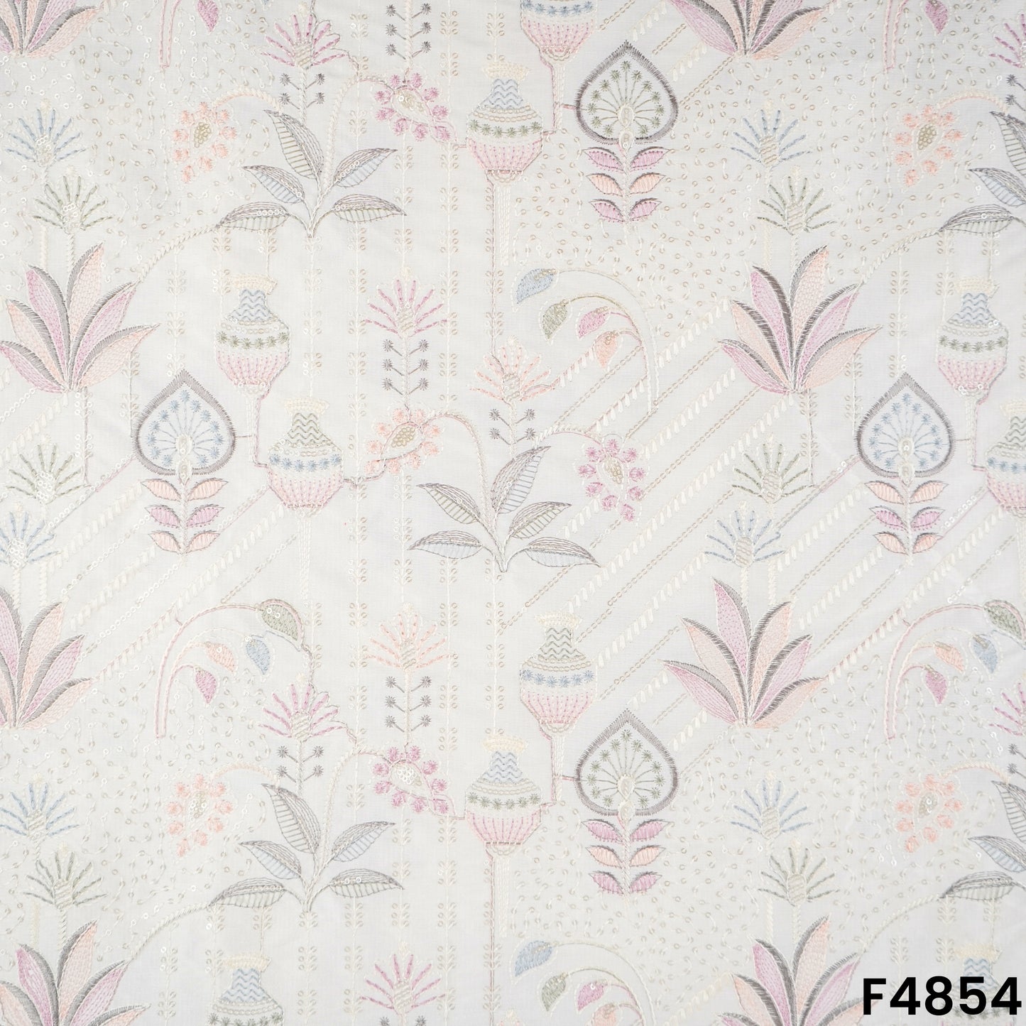 Thread Sequins Embroidered Satin Silk Fabric- F4854