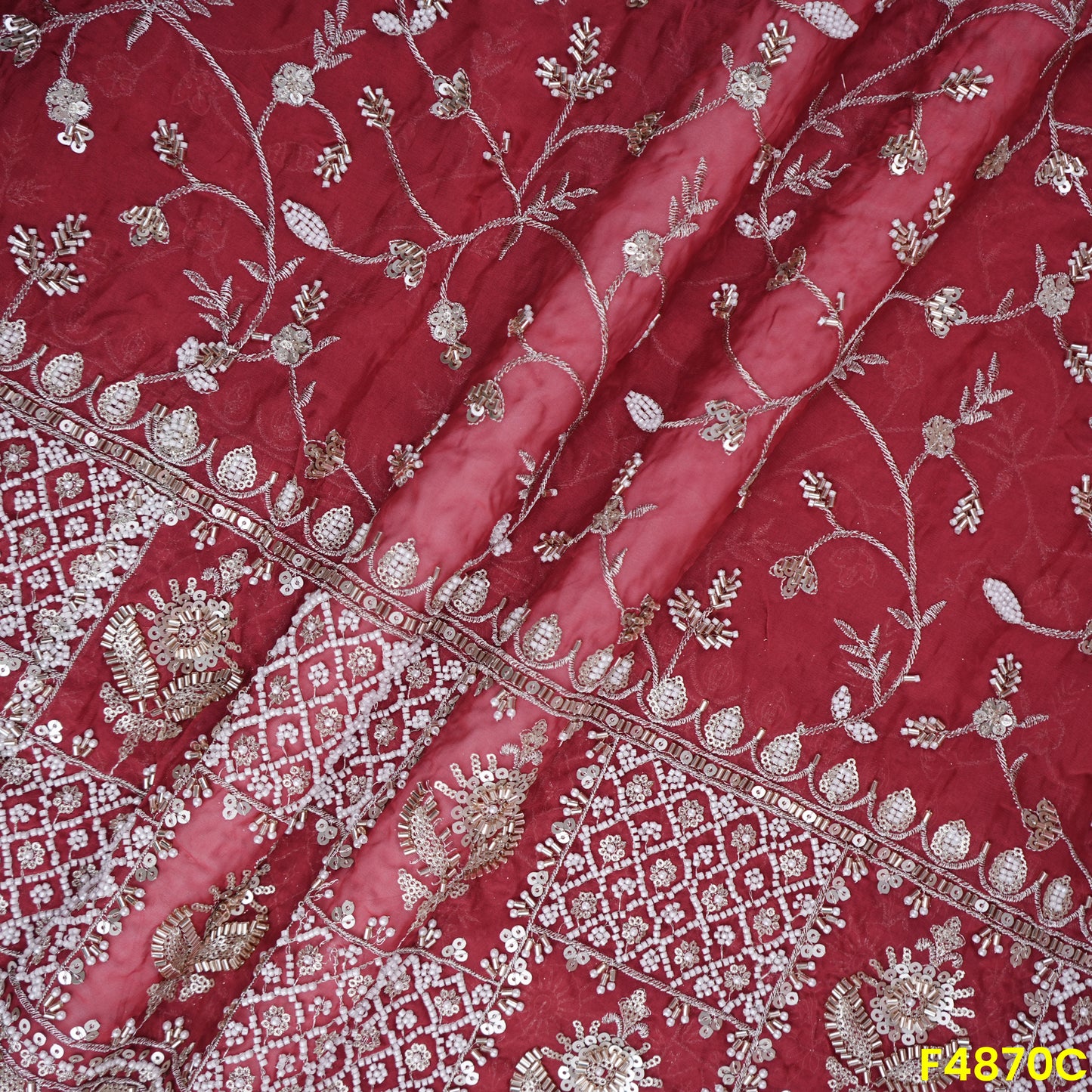 Cutdana Zari Sequins Embroidered Organza Fabric- F4870