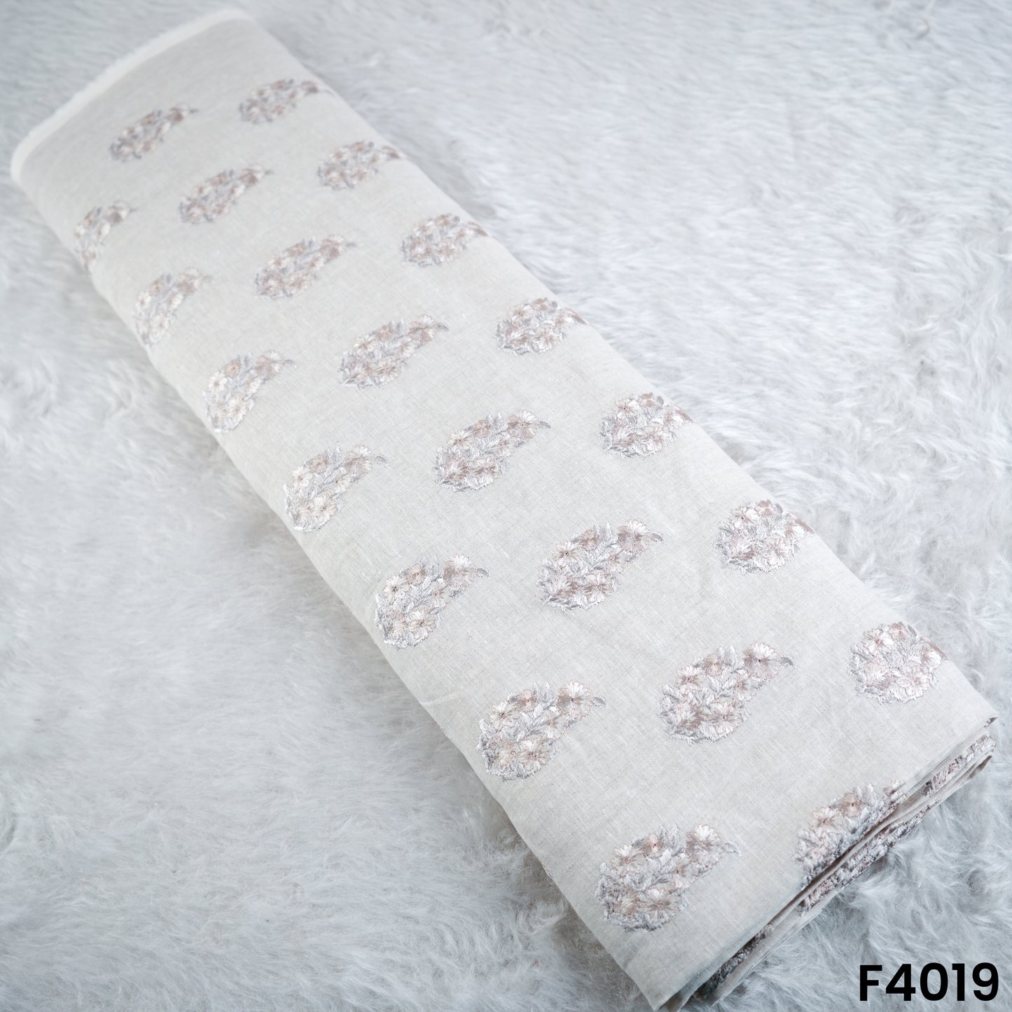 Thread Embroidered Pure Linen Cotton Fabric- F4019