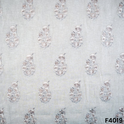 Thread Embroidered Pure Linen Cotton Fabric- F4019