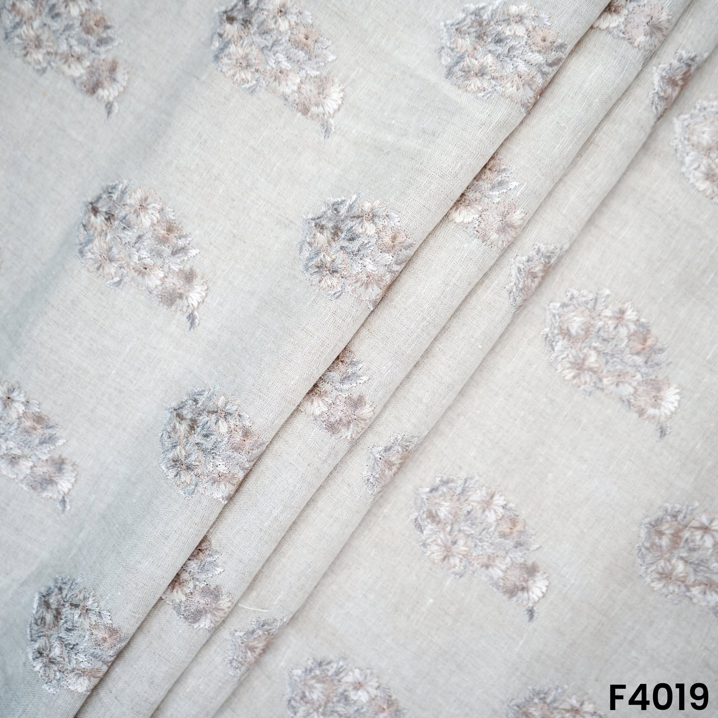 Thread Embroidered Pure Linen Cotton Fabric- F4019