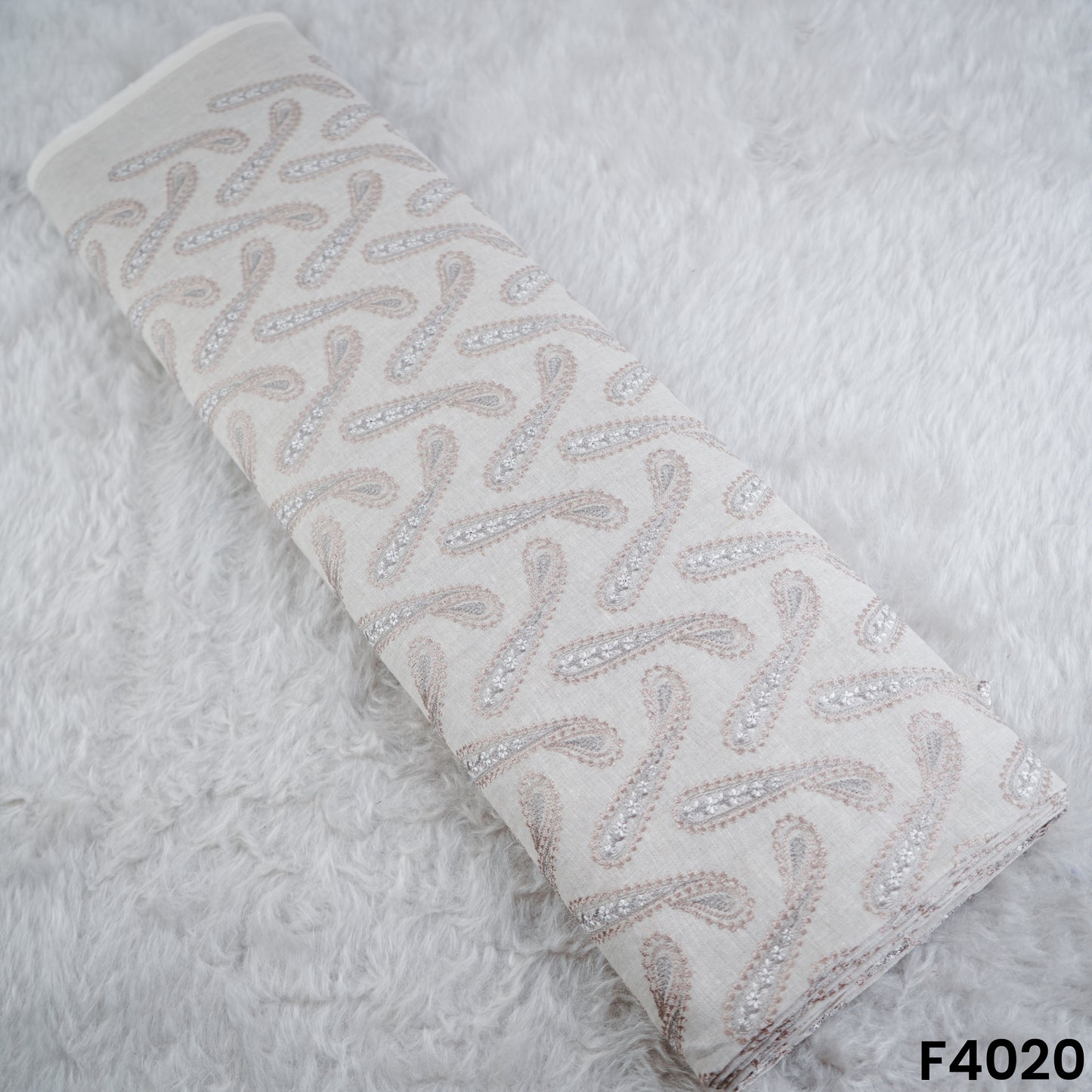 Thread Embroidered Pure Linen Cotton Fabric- F4020