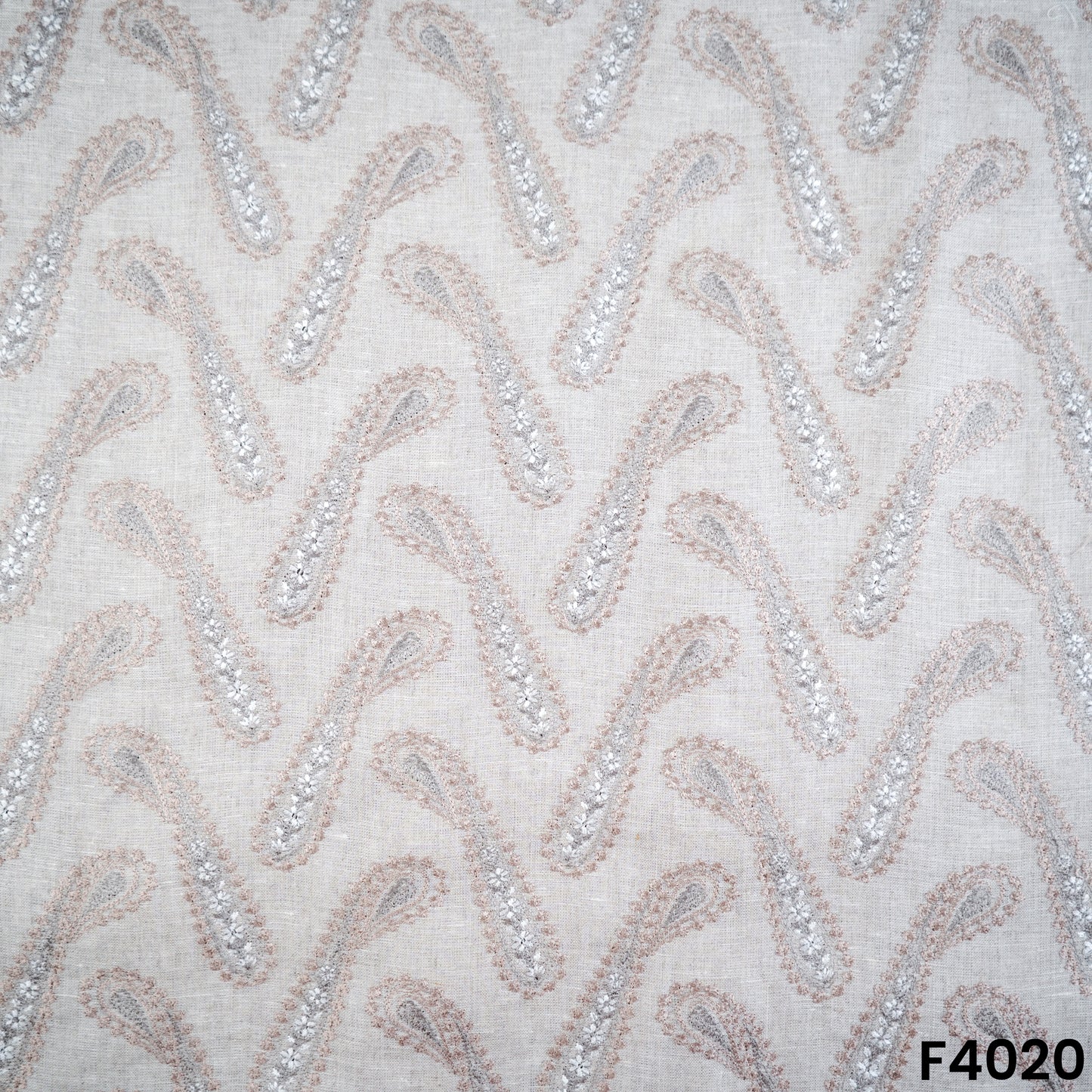 Thread Embroidered Pure Linen Cotton Fabric- F4020