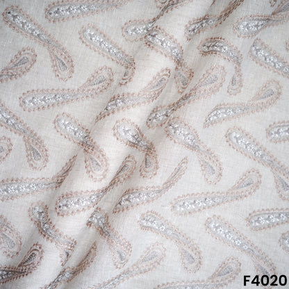 Thread Embroidered Pure Linen Cotton Fabric- F4020