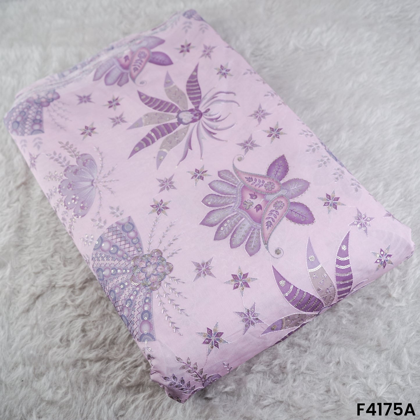 Printed Thread Sequins Embroidered Mul Chanderi Fabric- F4175