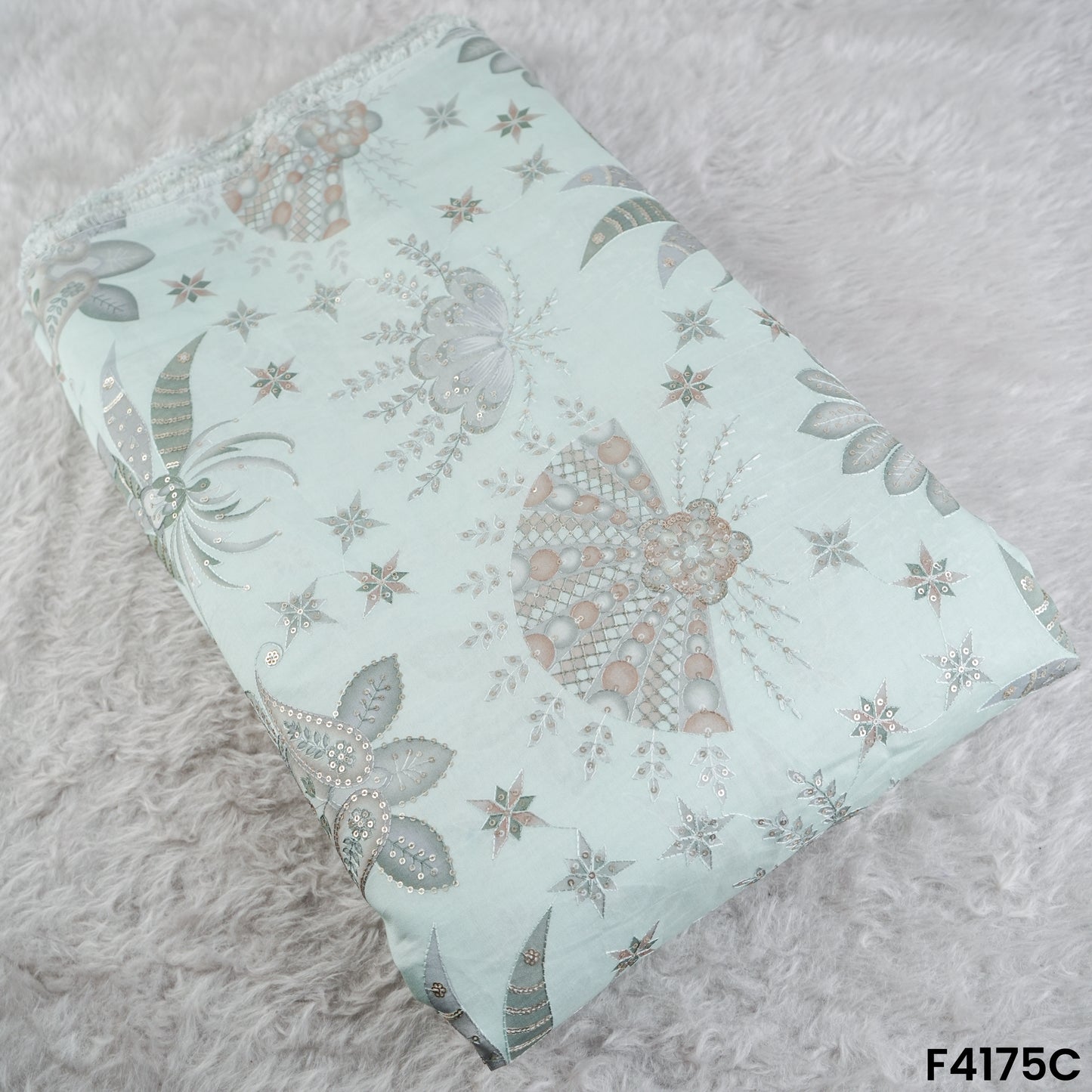 Printed Thread Sequins Embroidered Mul Chanderi Fabric- F4175