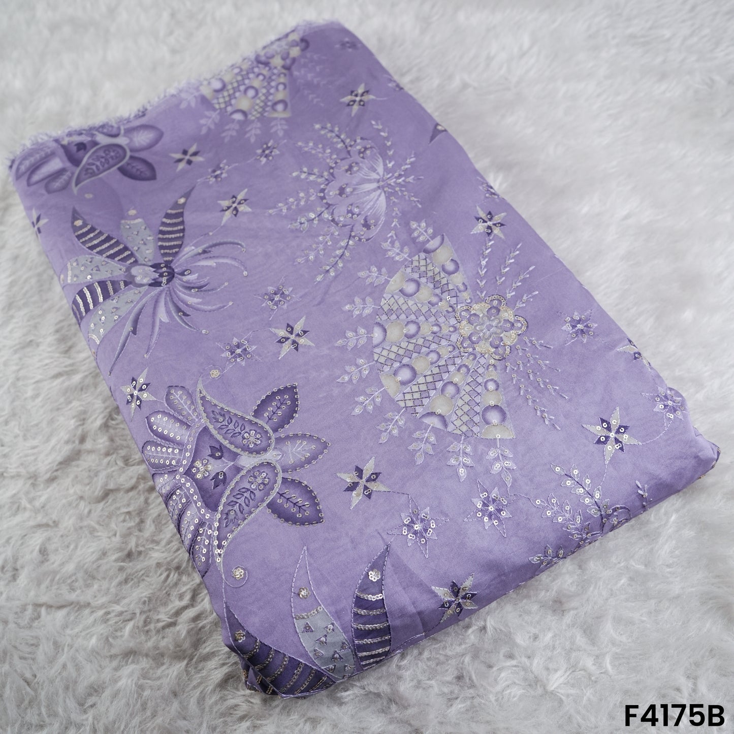 Printed Thread Sequins Embroidered Mul Chanderi Fabric- F4175