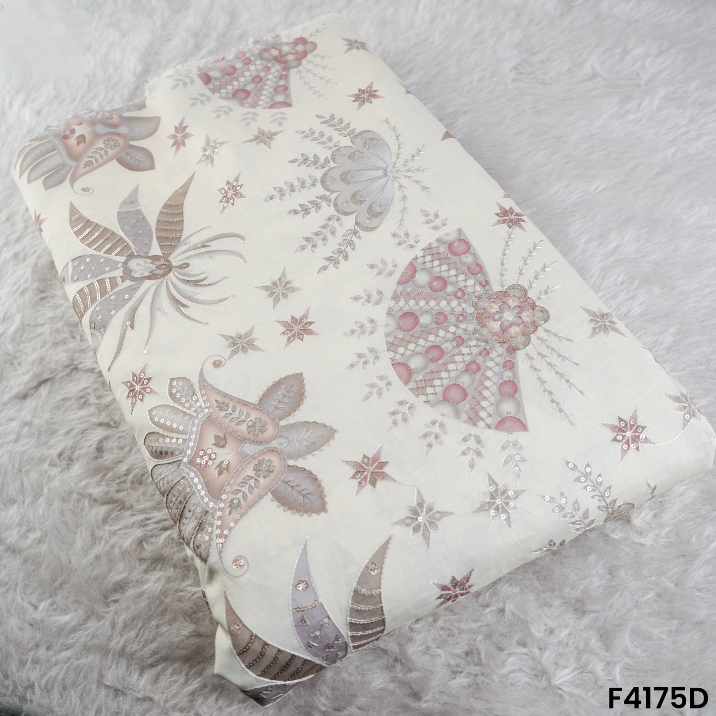 Printed Thread Sequins Embroidered Mul Chanderi Fabric- F4175