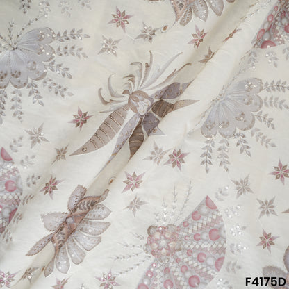 Printed Thread Sequins Embroidered Mul Chanderi Fabric- F4175