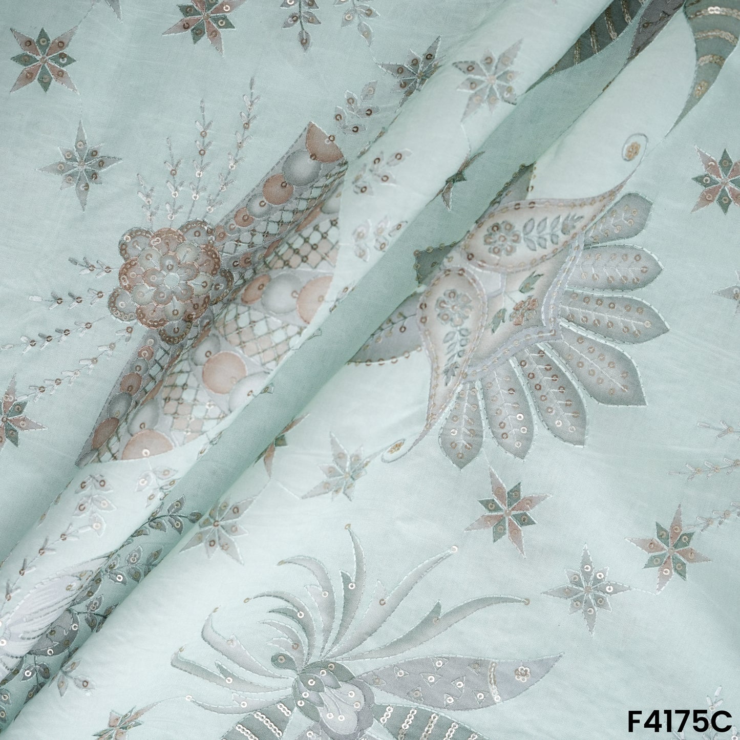 Printed Thread Sequins Embroidered Mul Chanderi Fabric- F4175