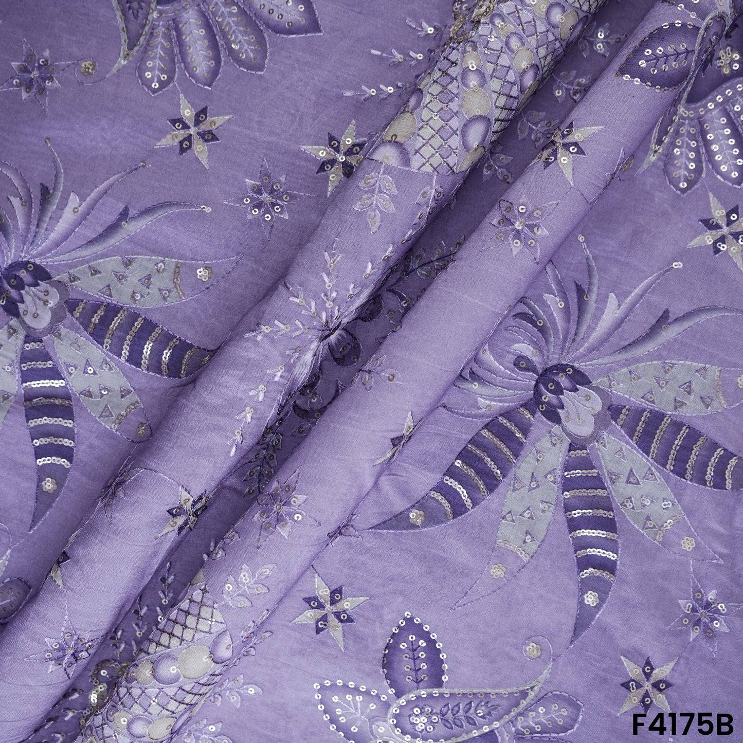Printed Thread Sequins Embroidered Mul Chanderi Fabric- F4175