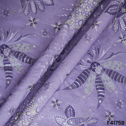 Printed Thread Sequins Embroidered Mul Chanderi Fabric- F4175