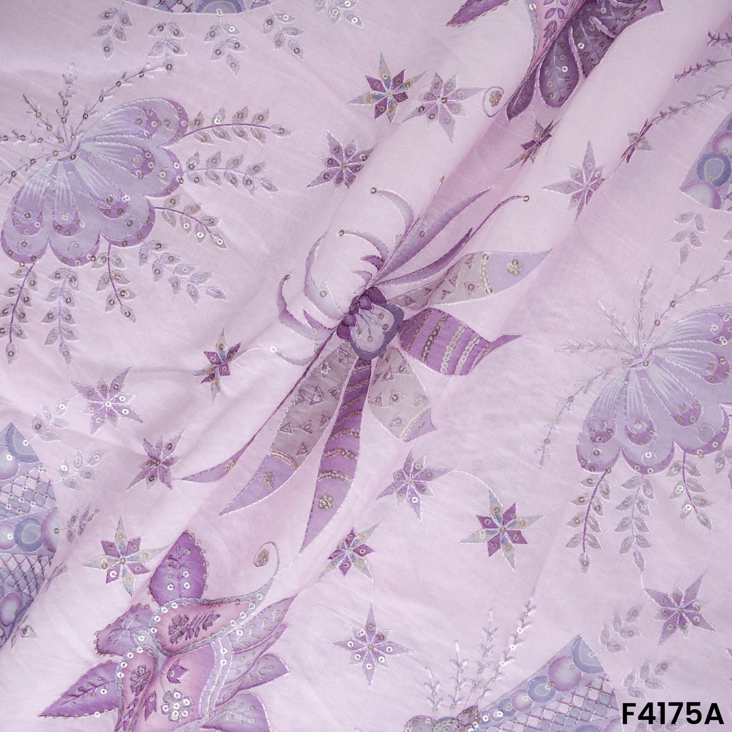 Printed Thread Sequins Embroidered Mul Chanderi Fabric- F4175