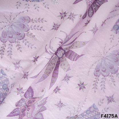 Printed Thread Sequins Embroidered Mul Chanderi Fabric- F4175