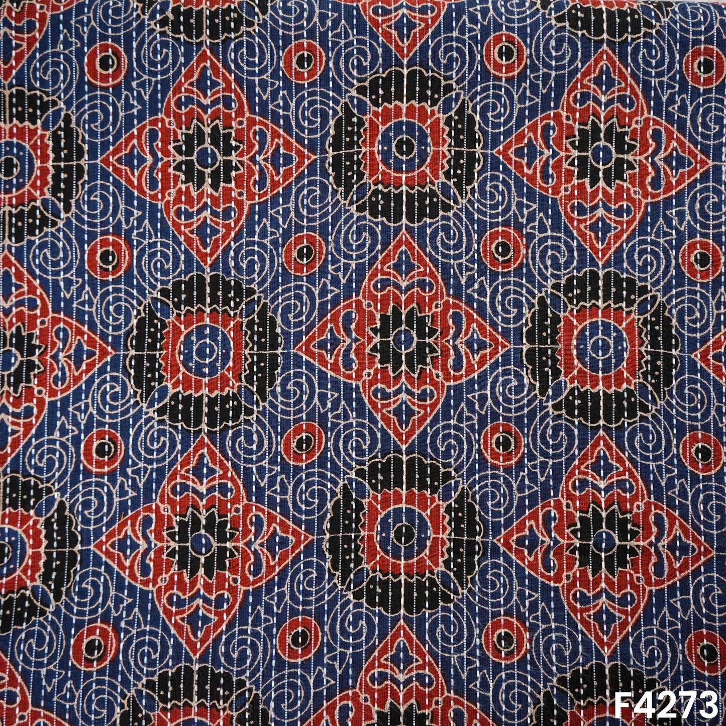 Indigo Print Kantha Work Cambric Cotton Fabric - F4273