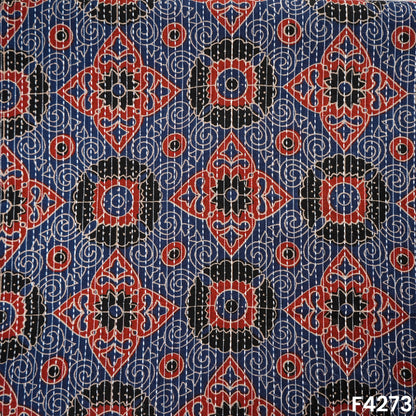 Indigo Print Kantha Work Cambric Cotton Fabric - F4273