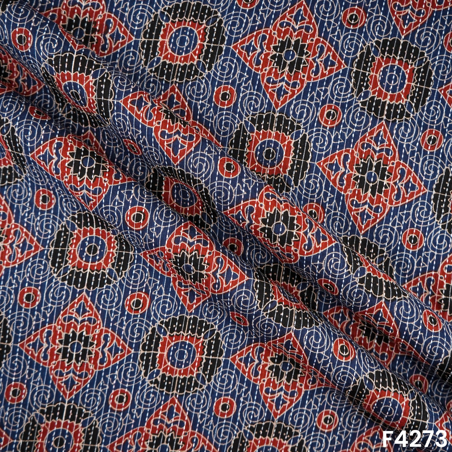 Indigo Print Kantha Work Cambric Cotton Fabric - F4273