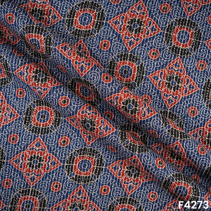 Indigo Print Kantha Work Cambric Cotton Fabric - F4273