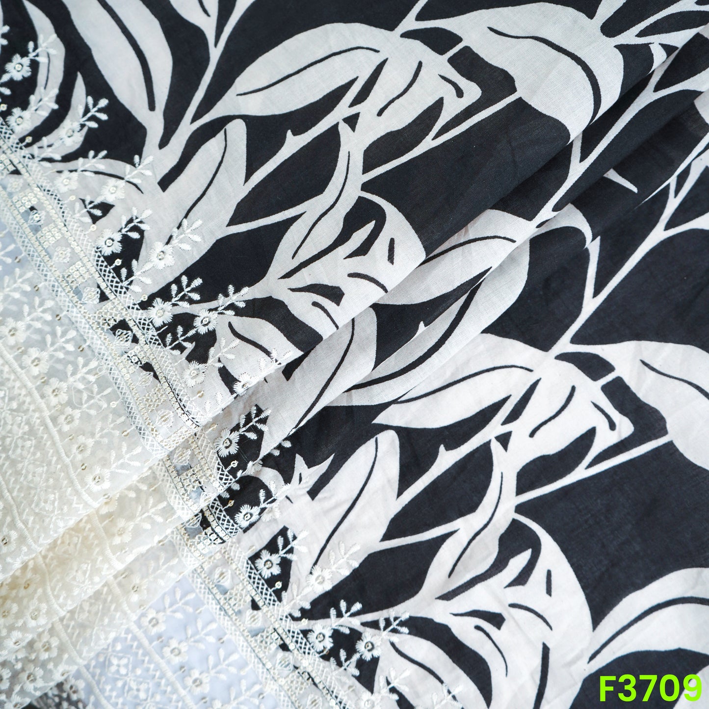 Thread Sequins Embroidered Floral Print Cambric Cotton Fabric-F3709