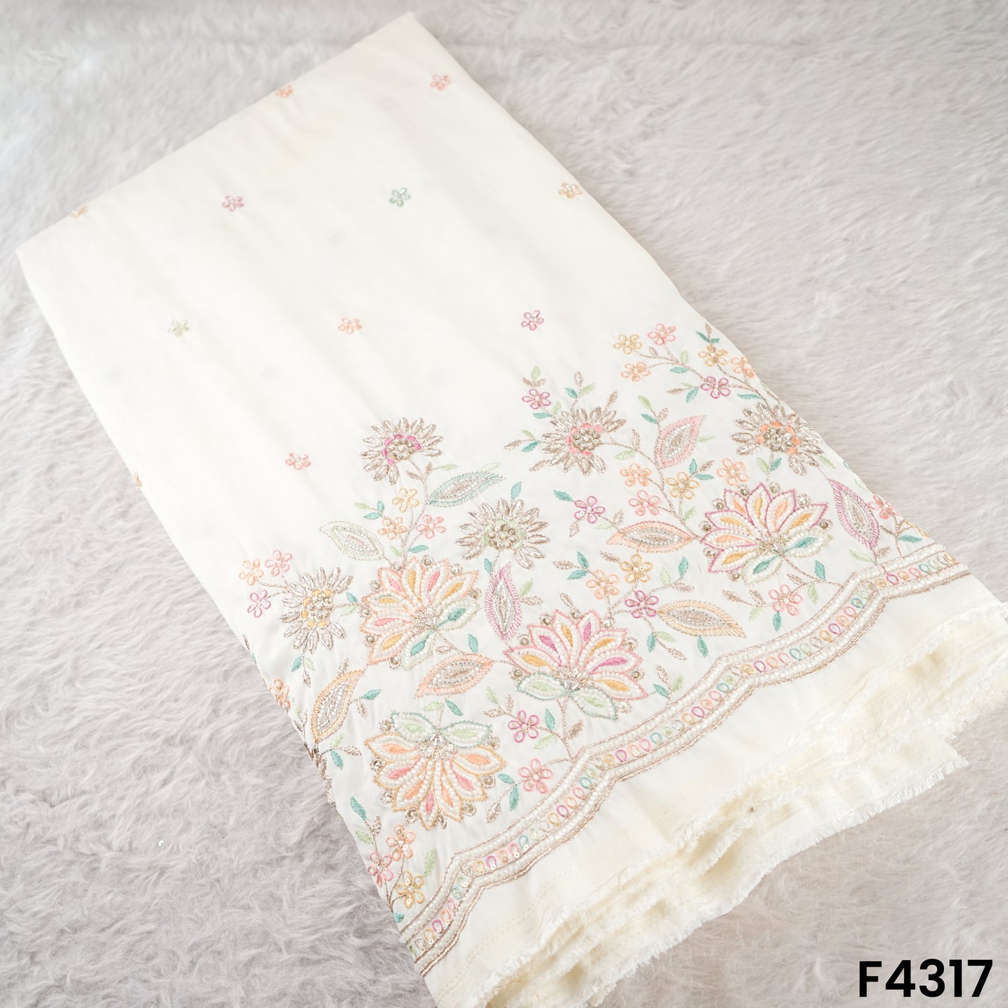 Cut Dana Thread Zari Sequins Embroidered  Dola Silk Fabric -F4317