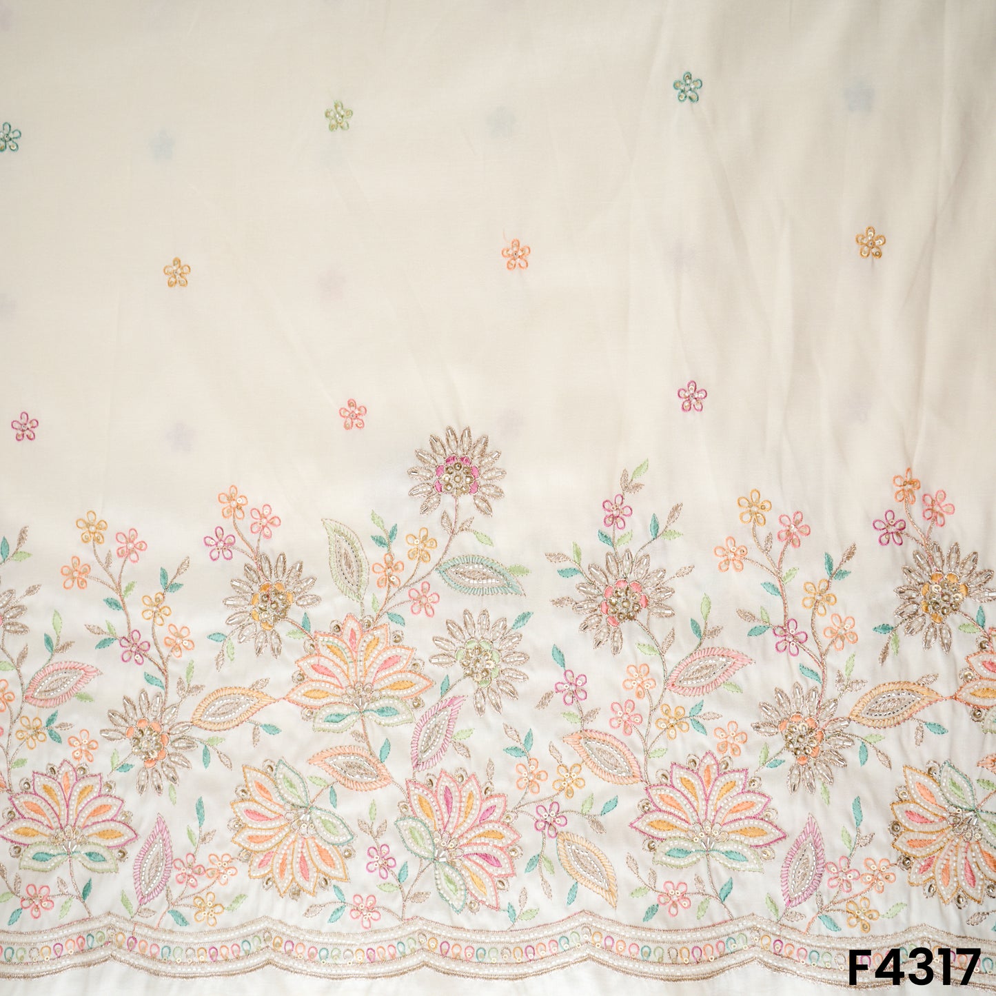 Cut Dana Thread Zari Sequins Embroidered  Dola Silk Fabric -F4317