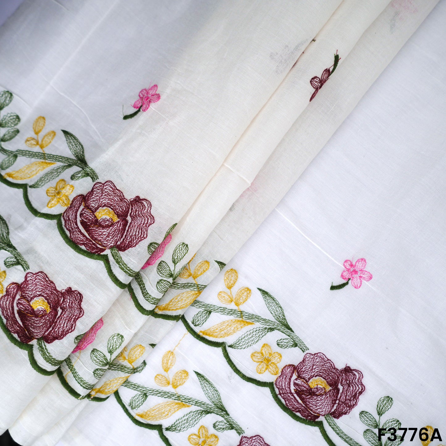 Thread Embroidered Cambric Cotton Fabric- F3776