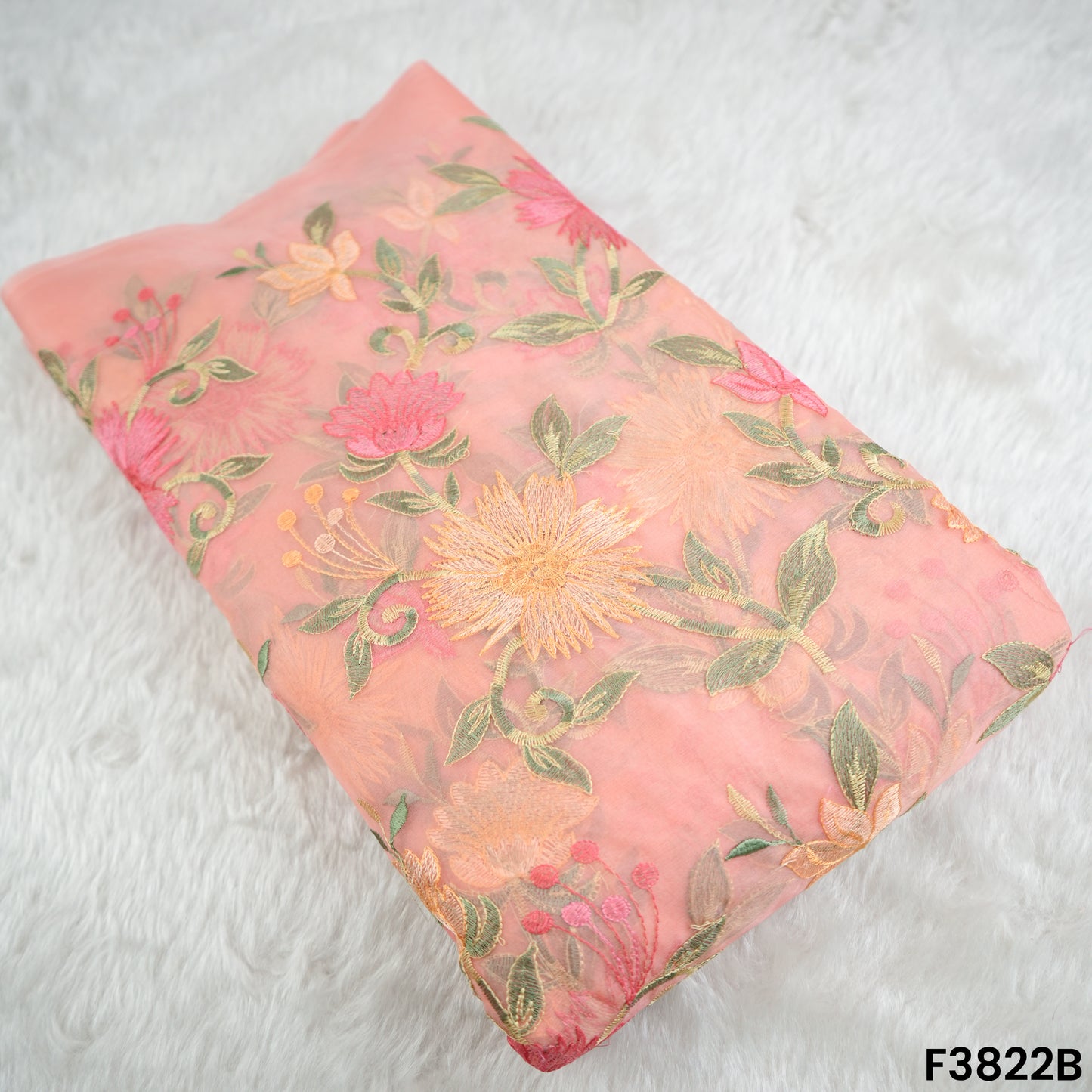 Thread Embroidered Organza Fabric- F3822