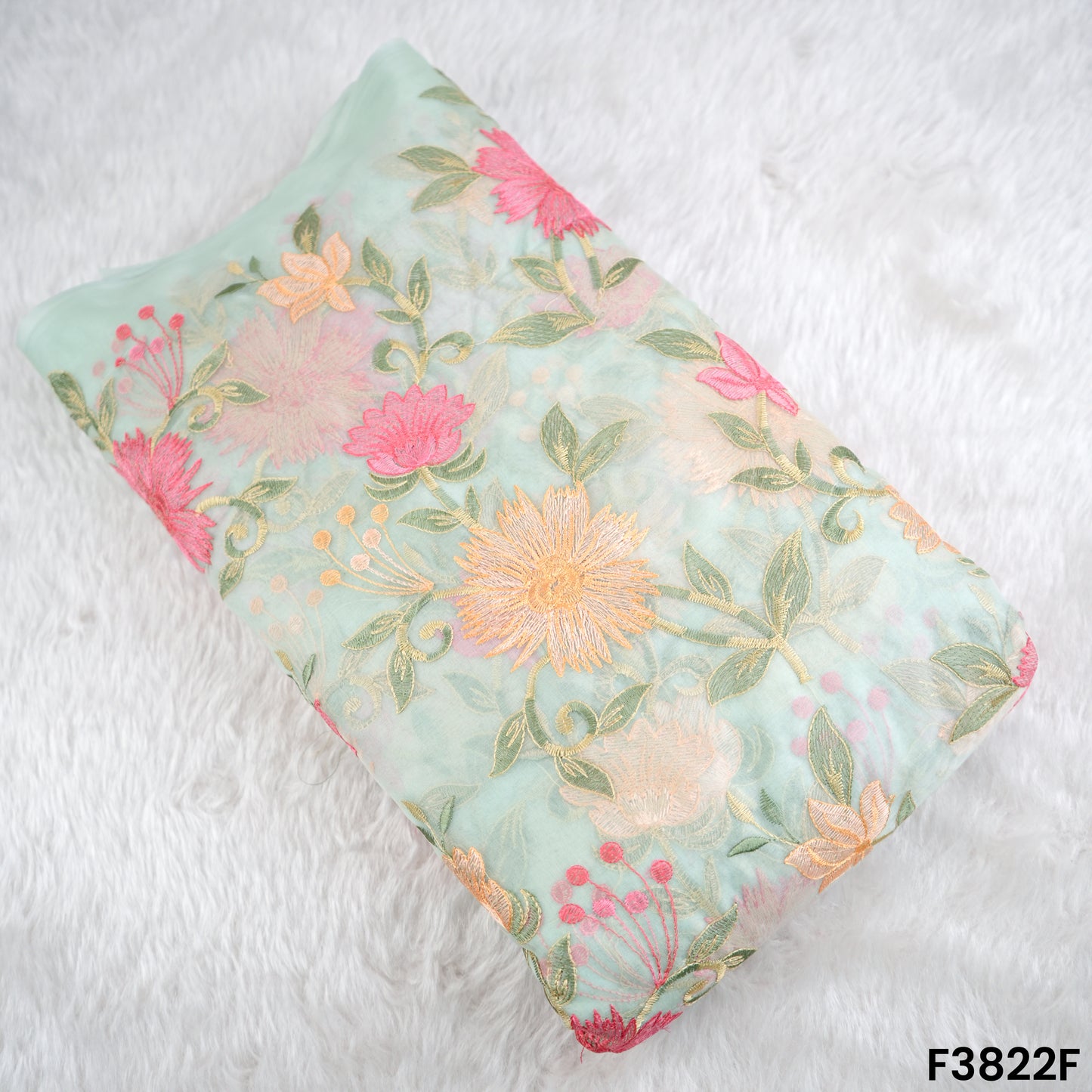 Thread Embroidered Organza Fabric- F3822