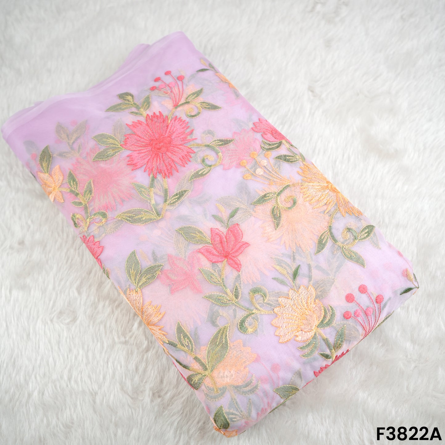 Thread Embroidered Organza Fabric- F3822