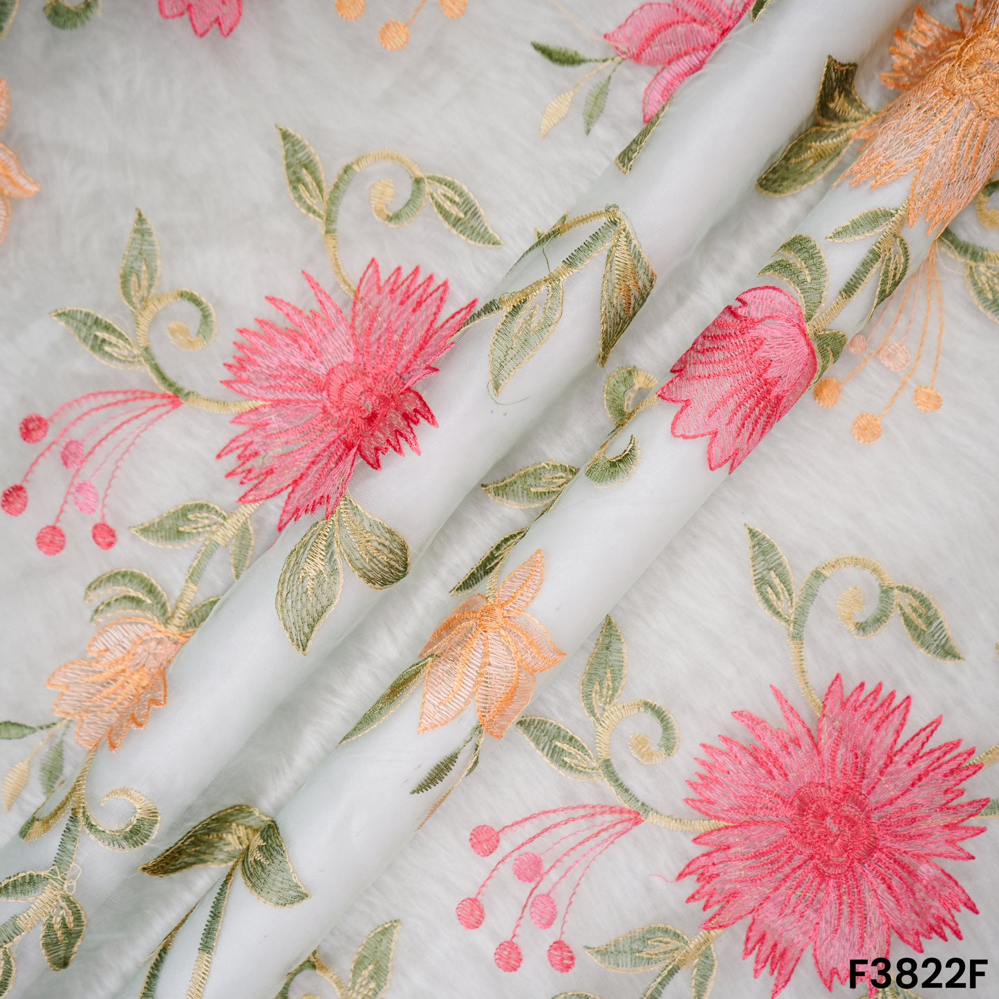 Thread Embroidered Organza Fabric- F3822