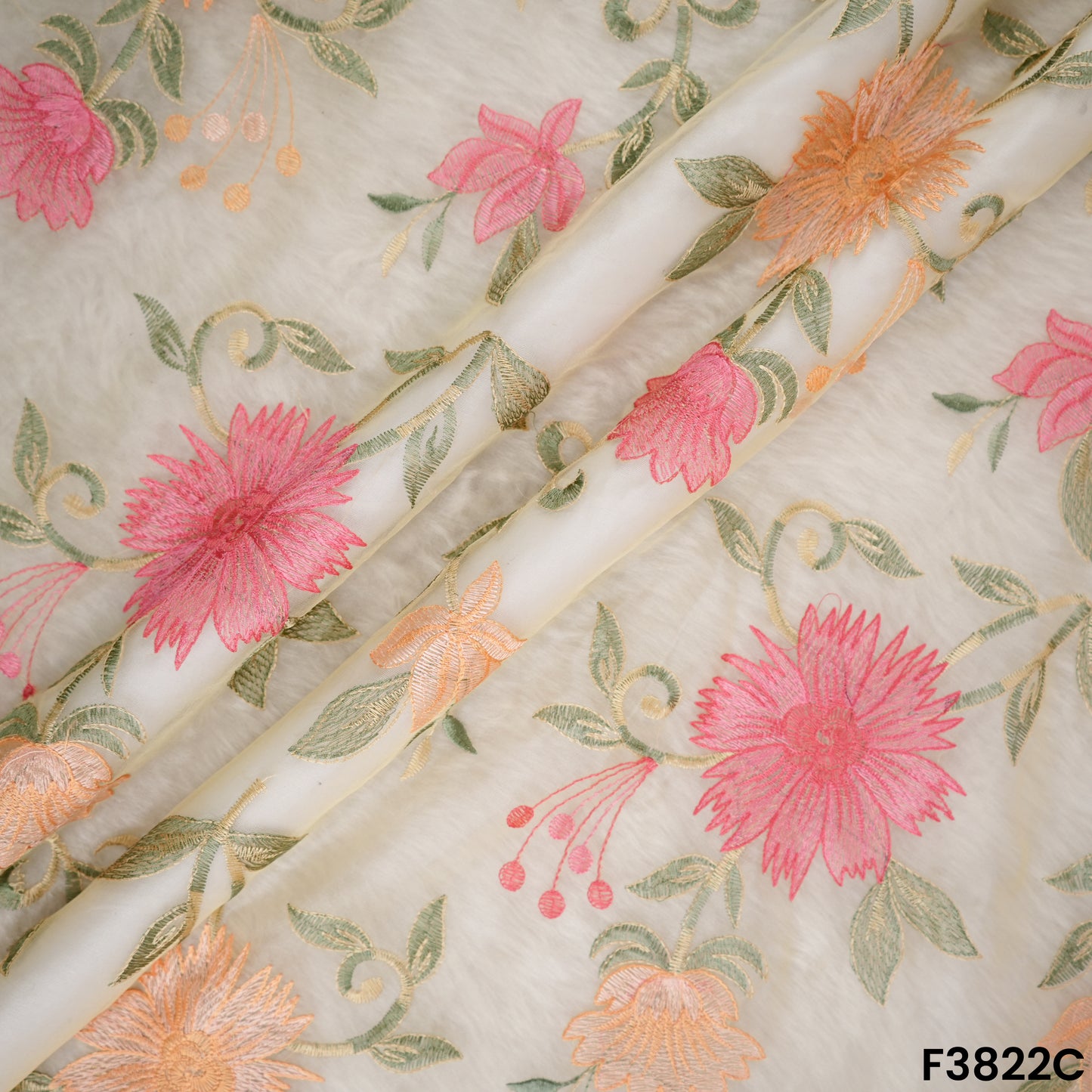 Thread Embroidered Organza Fabric- F3822